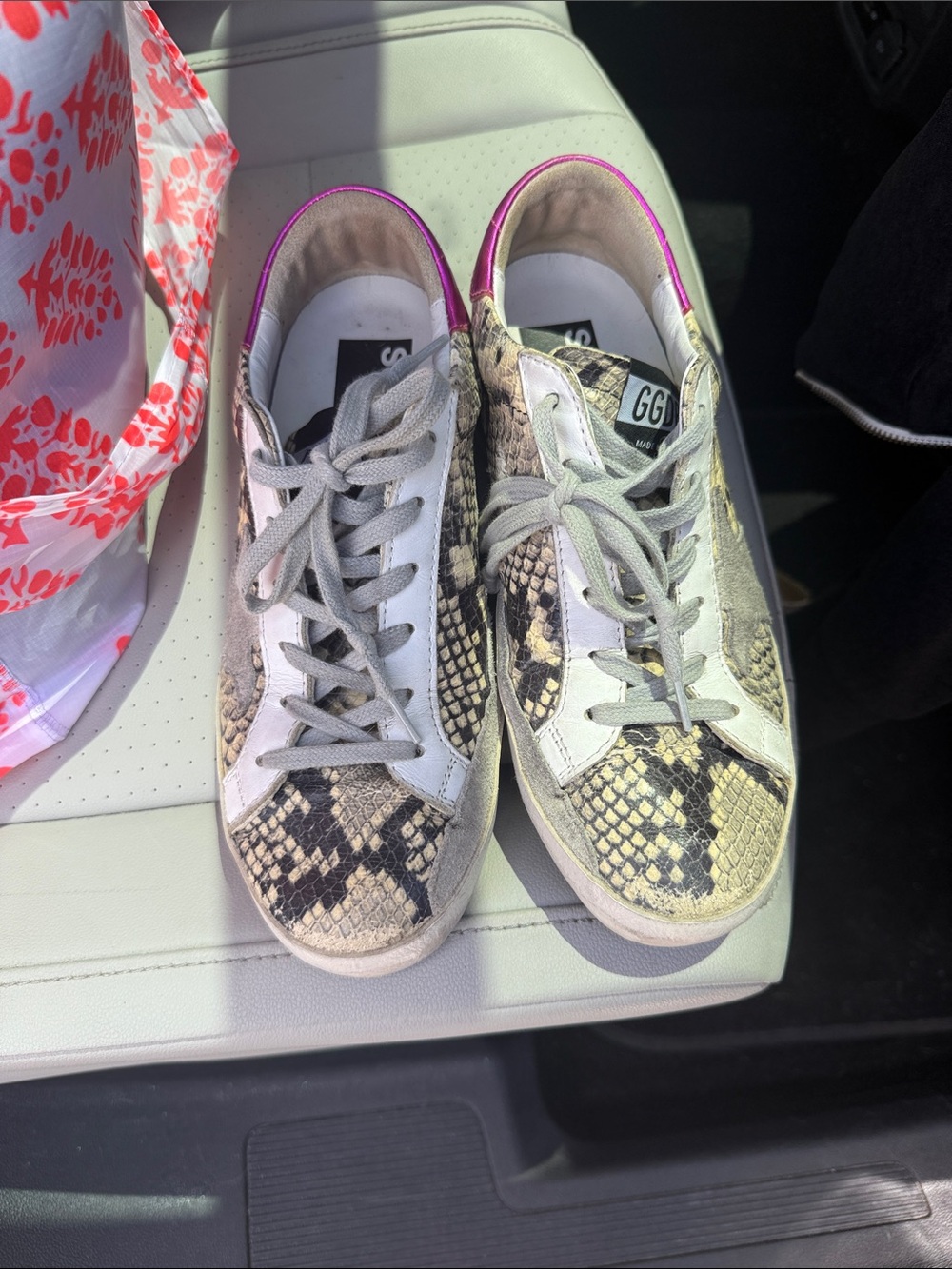 Women’s Golden Goose Snake-Print Low Top Sneakers with Pink Heel Tab